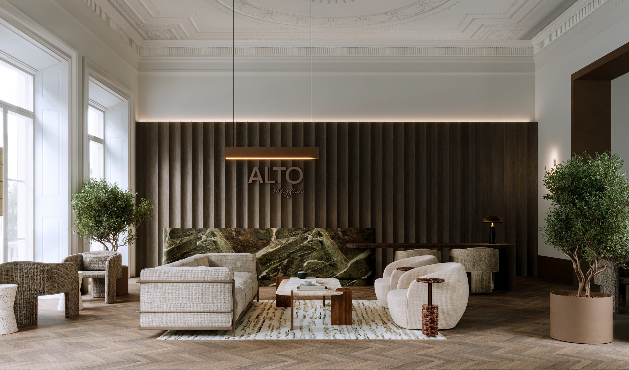 Salón del hotel Alto Mayfair con madera acanalada, sofás crema y molduras clásicas, Londres