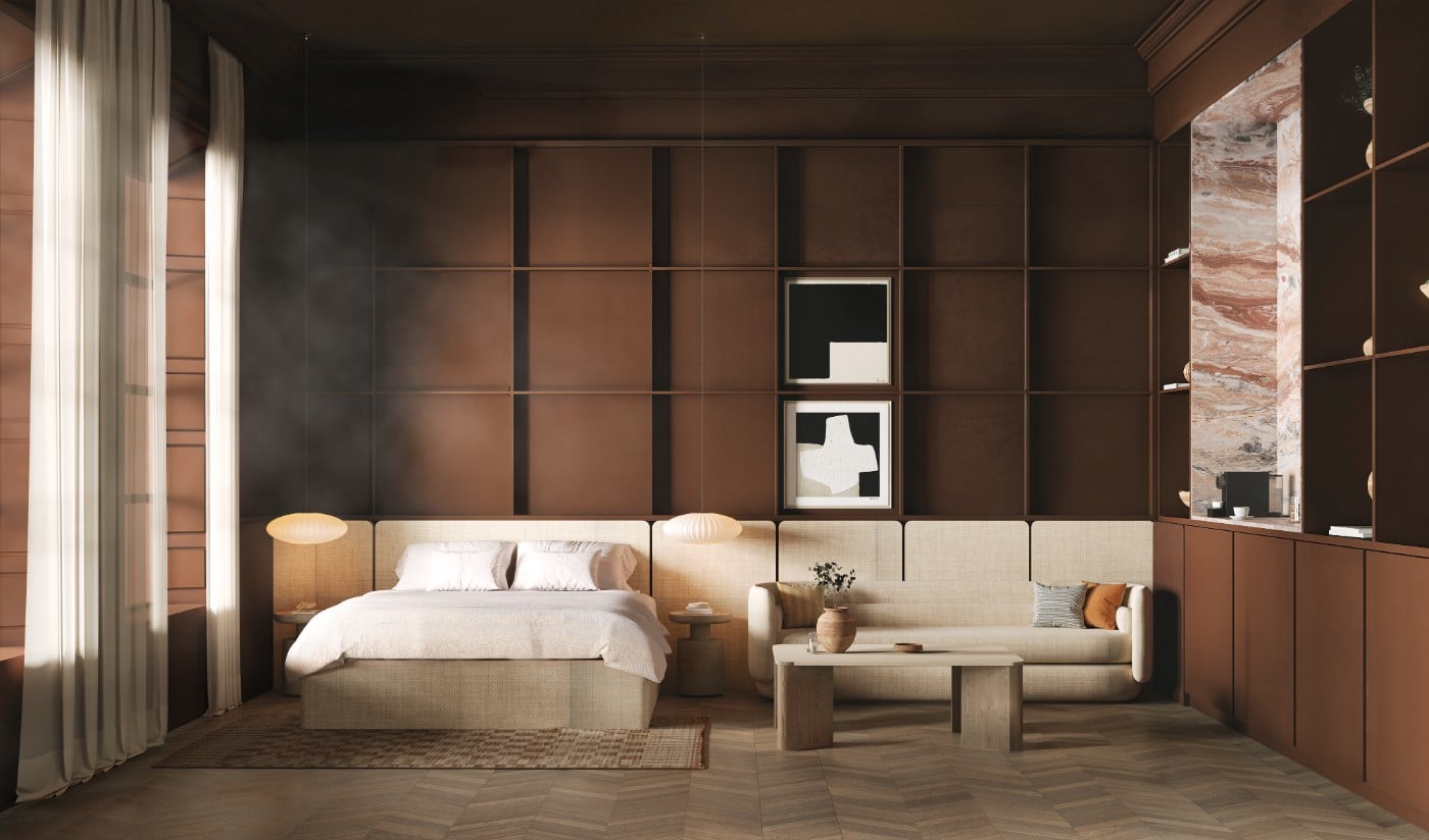 Habitación de hotel con paneles de madera oscura, mármol y cama en tonos crema — Alto Mayfair, Londres