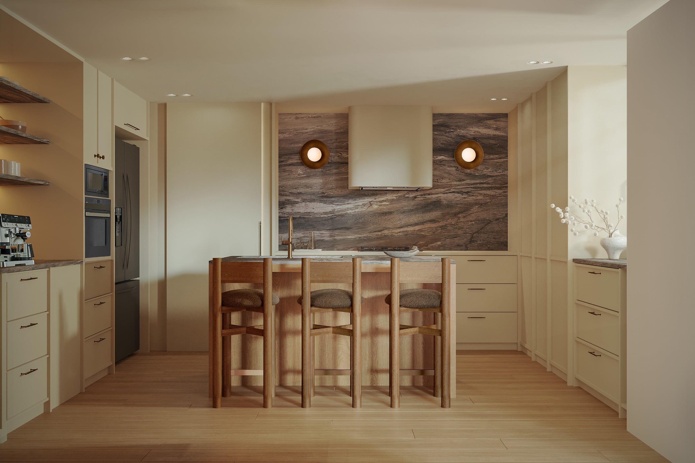 Cocina en madera clara y piedra con isla y barra, Apto 802, Medellín