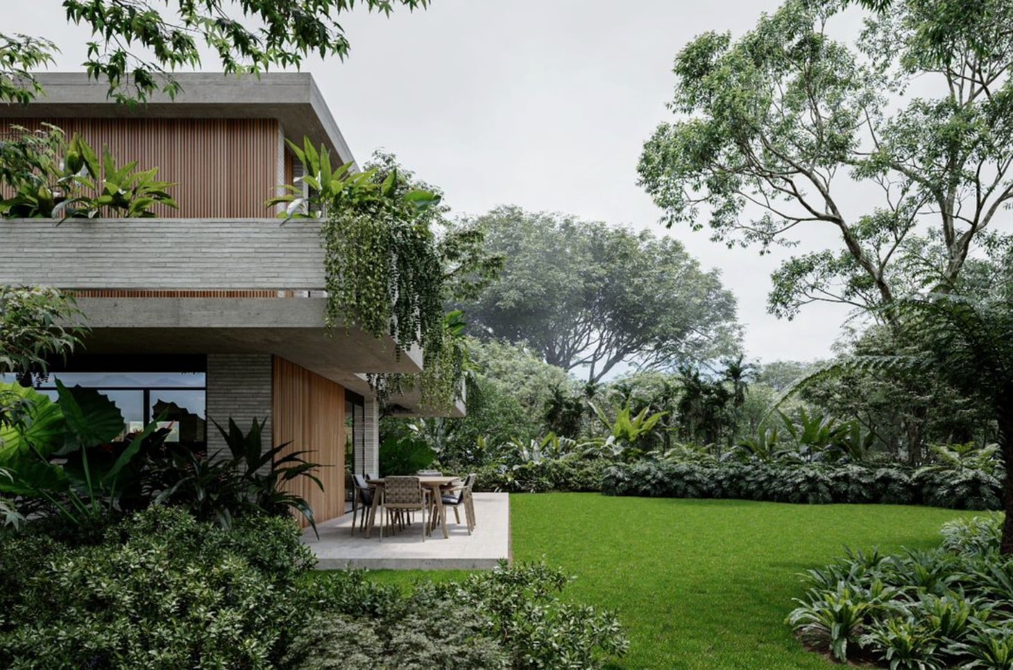 Terraza cubierta entre jardines tropicales, Casa JL, Guarne