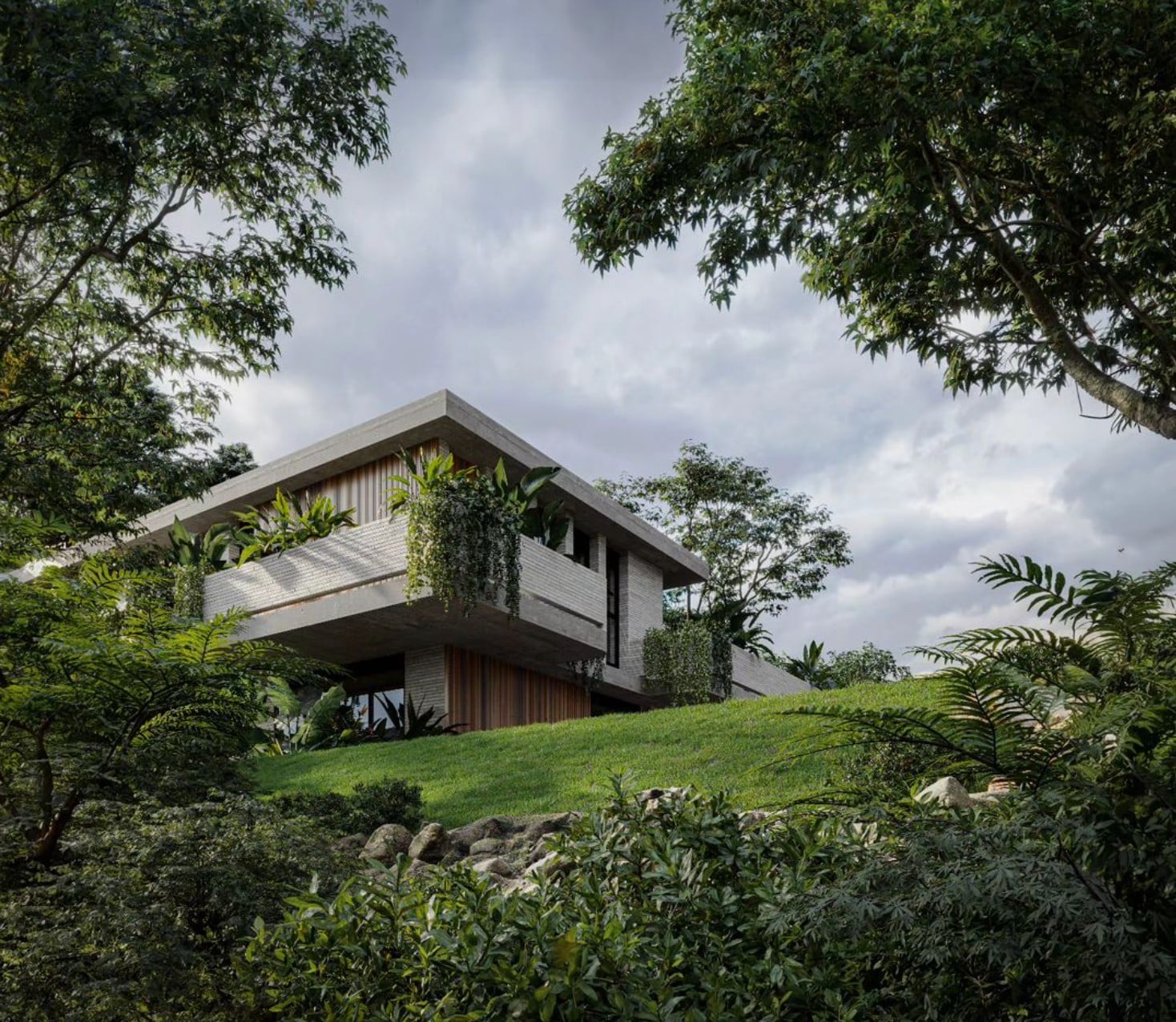 La casa vista desde la ladera entre árboles, Casa JL