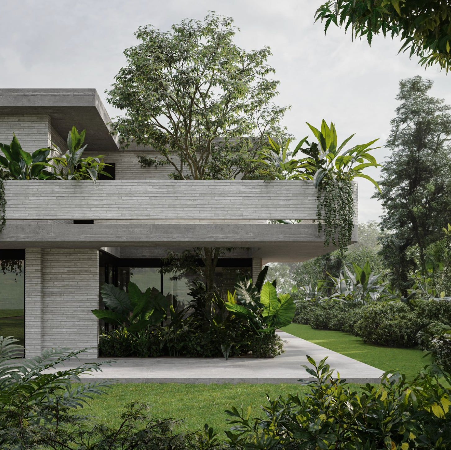 Fachada con voladizo en concreto y vegetación, Casa JL