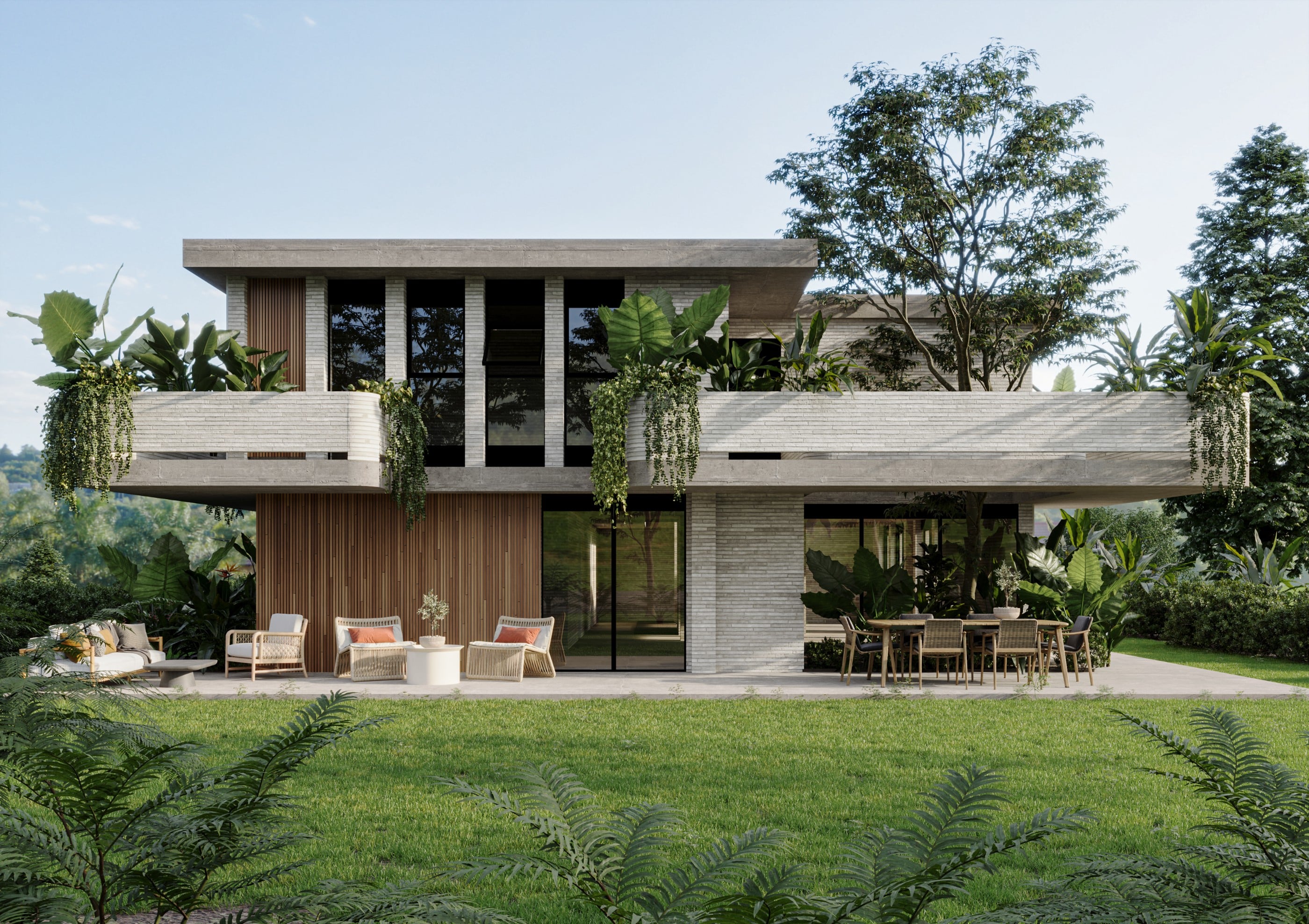 Casa de dos pisos en concreto y madera con terrazas y vegetación tropical, Casa JL, Guarne
