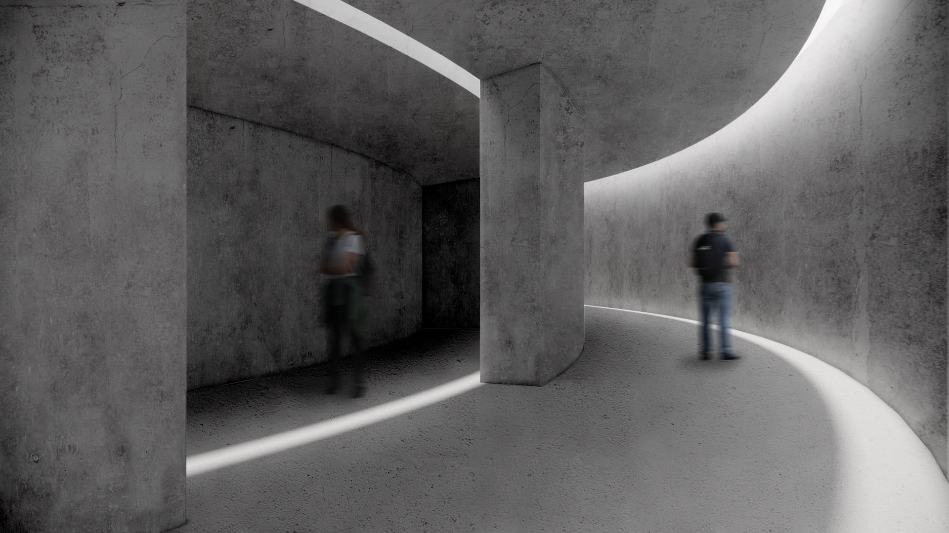 Galería curva en concreto con luz cenital, Museum of Emotions