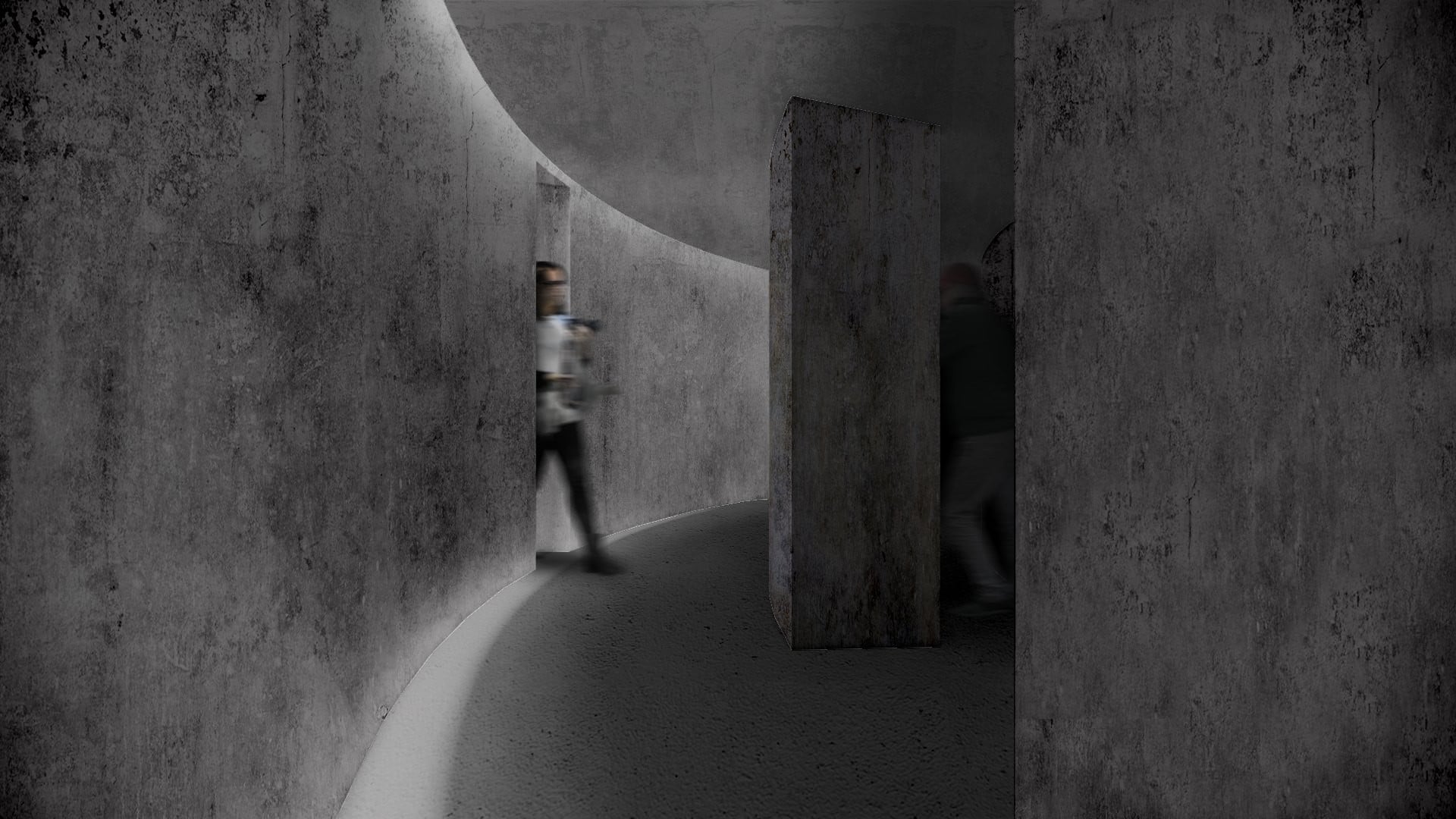 Corredores curvos en concreto en penumbra, Museum of Emotions