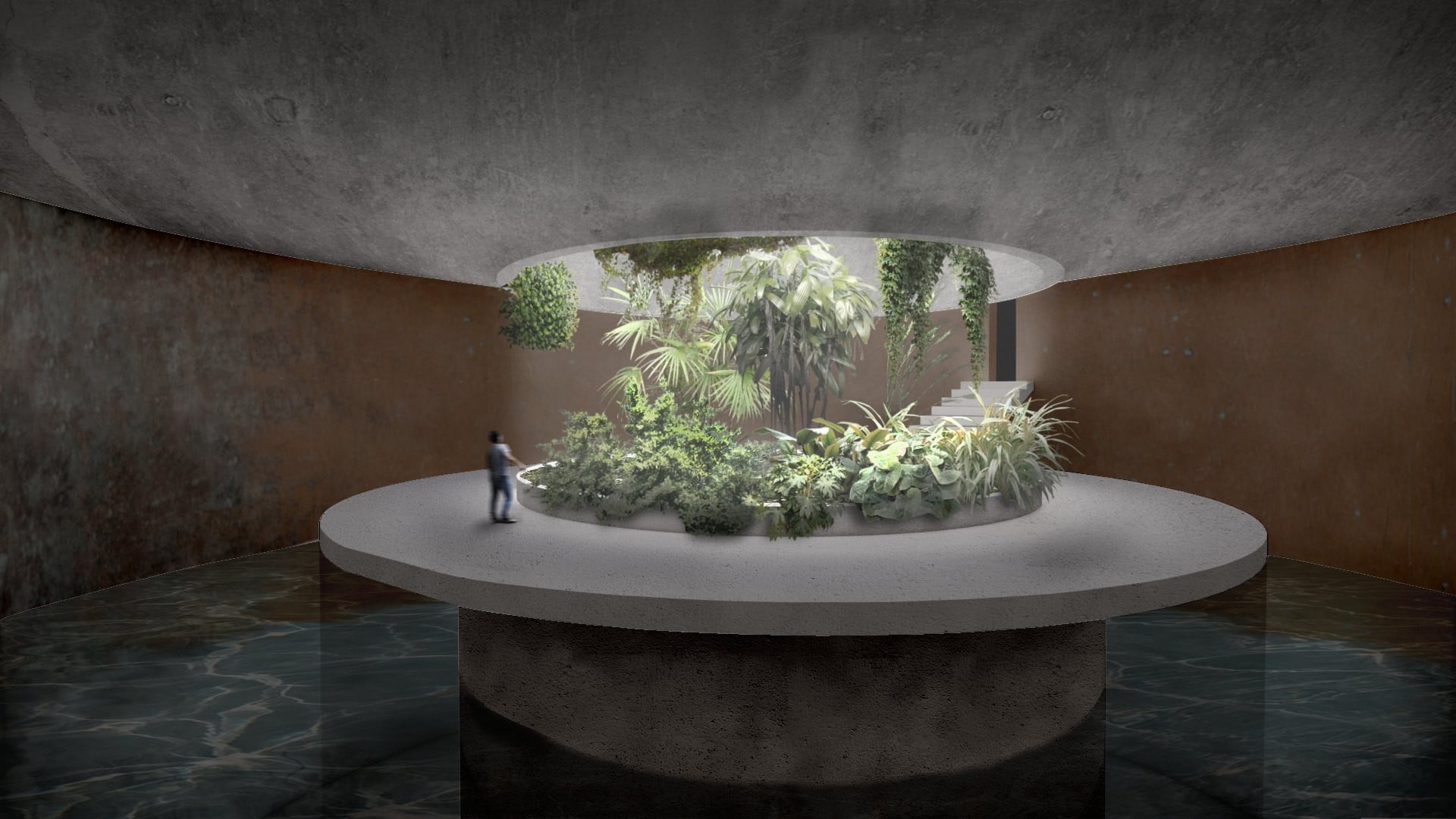 Patio central con jardín sobre espejo de agua, Museum of Emotions