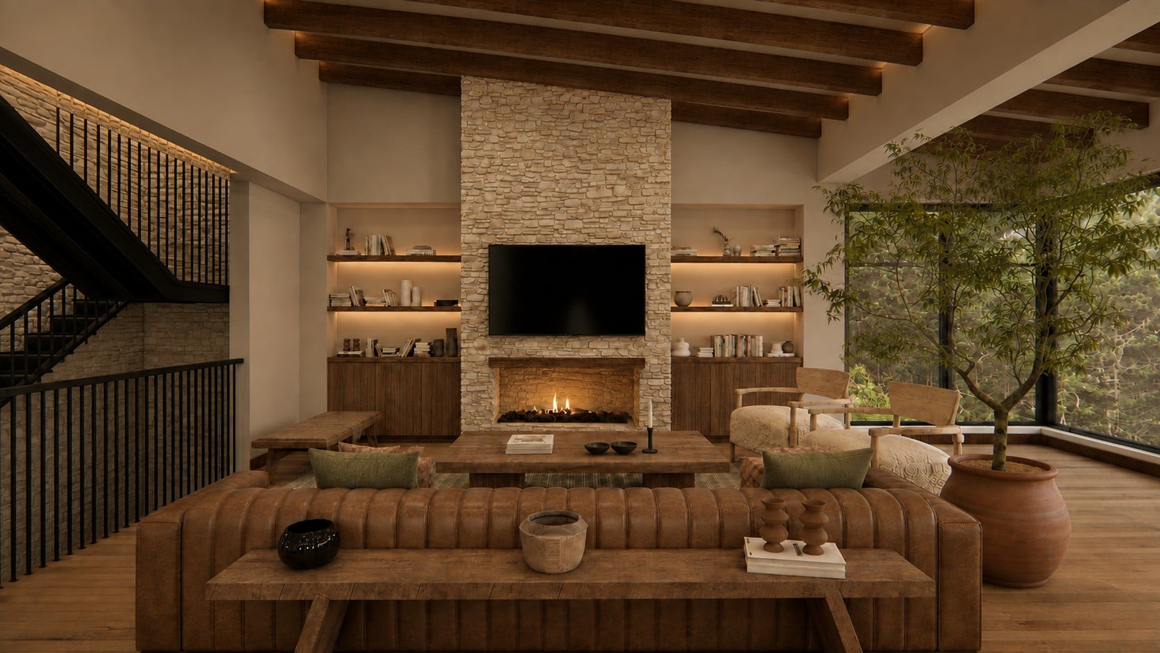 Zona social con chimenea, escalera y vegetación interior, Retiro 36