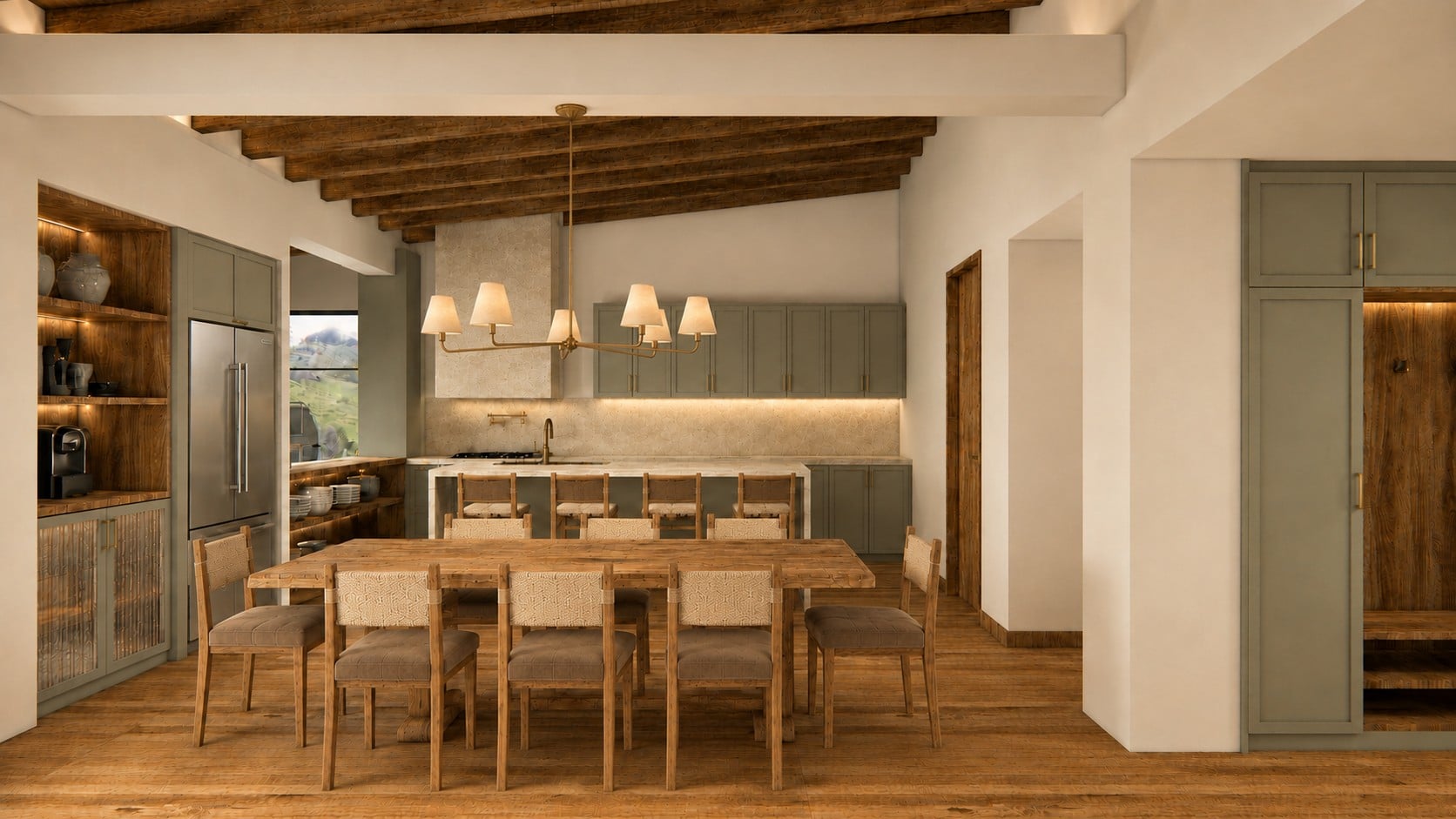 Comedor y cocina en madera con lámparas tejidas, Retiro 36