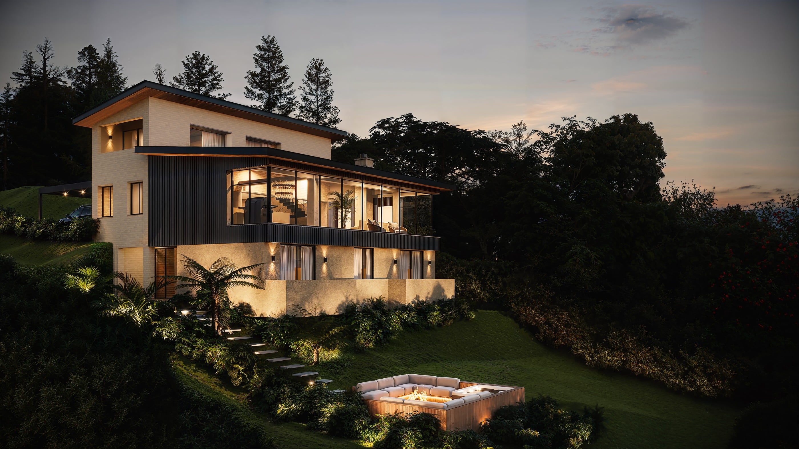 Casa de dos pisos iluminada al atardecer sobre una ladera en El Retiro, Antioquia