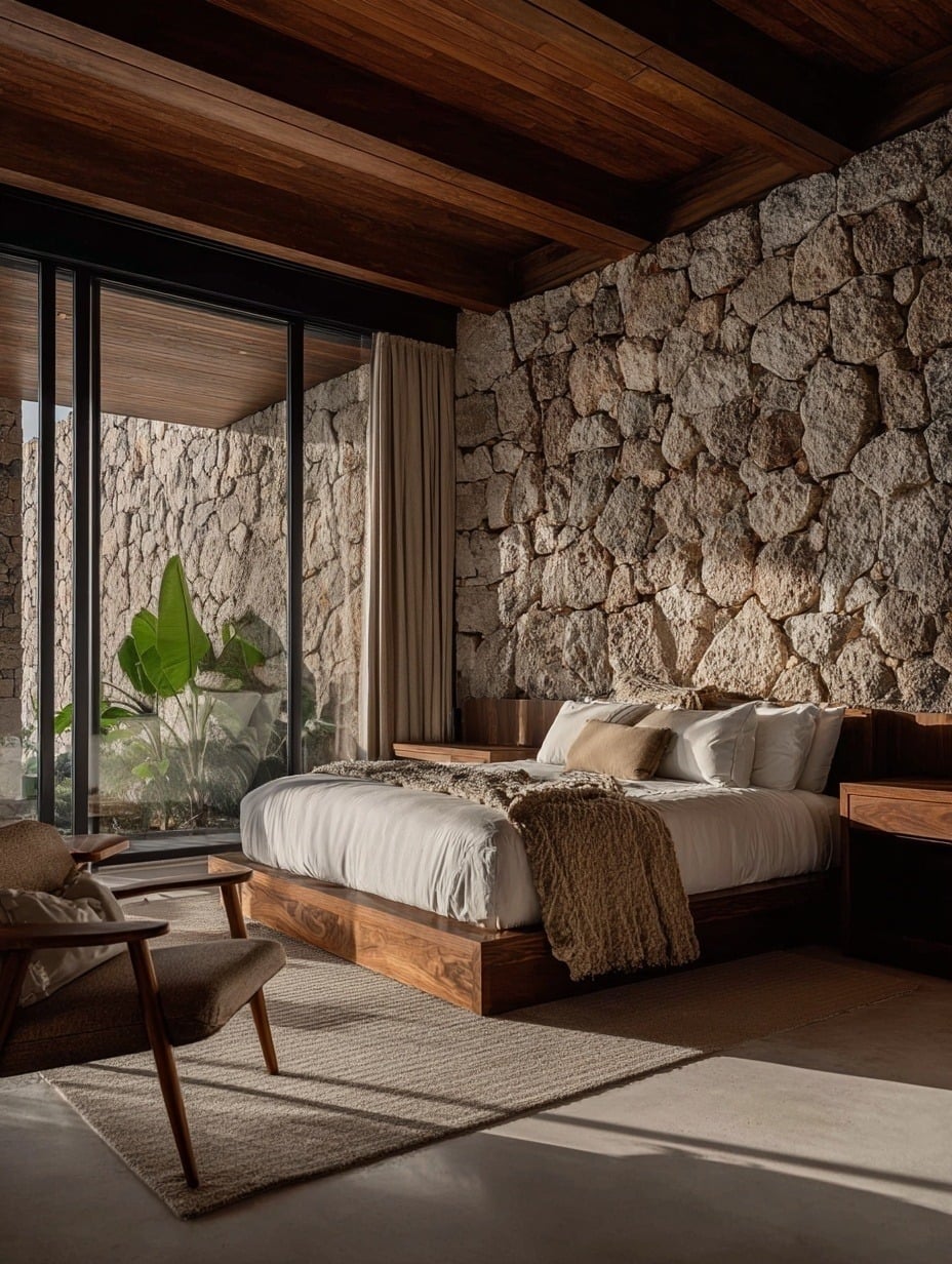 Dormitorio con muro de piedra, techo en madera y apertura al paisaje, Villas BVI