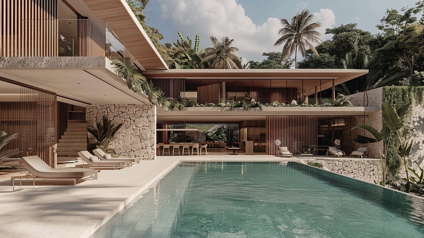 Terraza de piscina con asoleadoras entre dos villas, Villas BVI