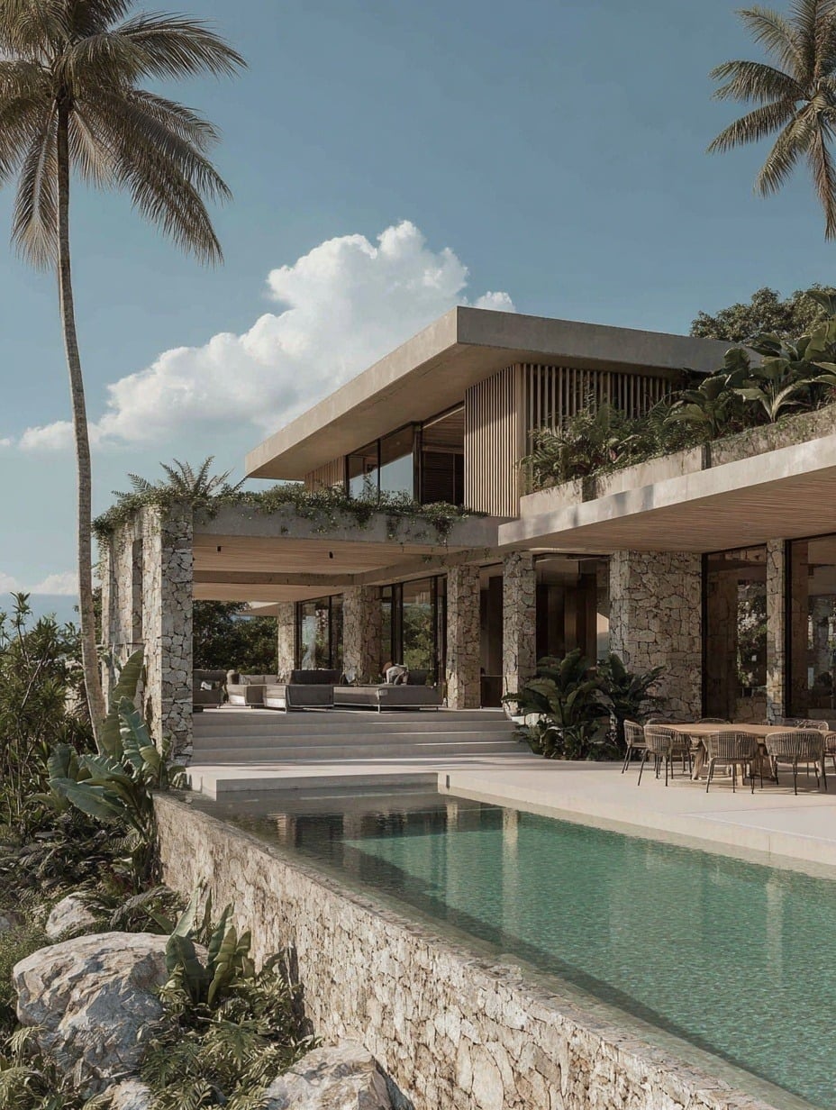 Villa frente al mar con piscina infinita, muros de piedra y palmeras, Islas Vírgenes Británicas