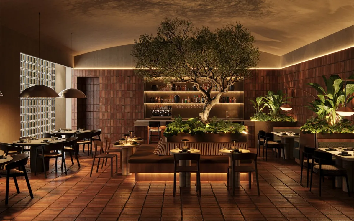 Salón del bar con olivo central, muros en arcilla cálida y mesas de madera, Alto Bar, Londres