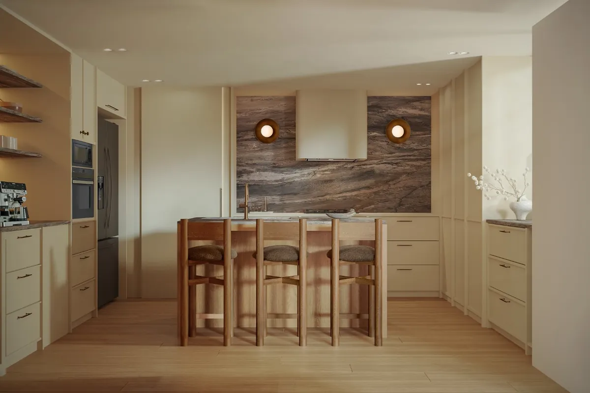 Cocina en madera clara y piedra con isla y barra, Apto 802, Medellín